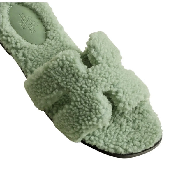 Hermes Oran Teddy Shearling Fur Green H Logo Slide Sandal Mule Flat Flip Flop 42 - Picture 4 of 12